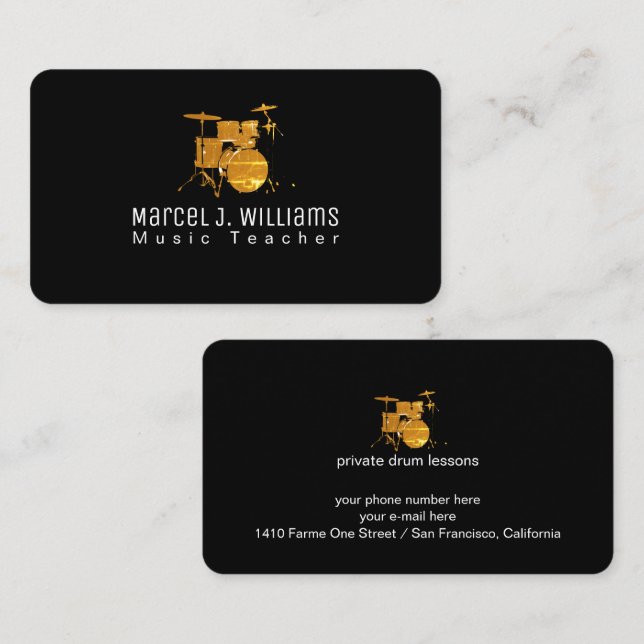 Cool Black Business Card With Drums (Front/Back)