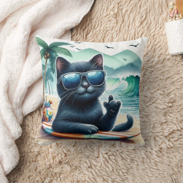 Cool Black Cat at Beach Cat Lovers  Throw Pillow (Blanket)