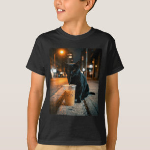 Cool black cat drinking iced coffee funny animal T-Shirt