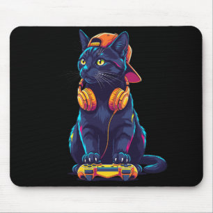 Cool Black Cat Gamer Halloween Mouse Pad
