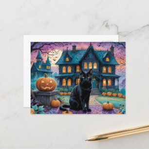 Cool Black Cat, Jack O Lanterns, Spooky House Holiday Postcard