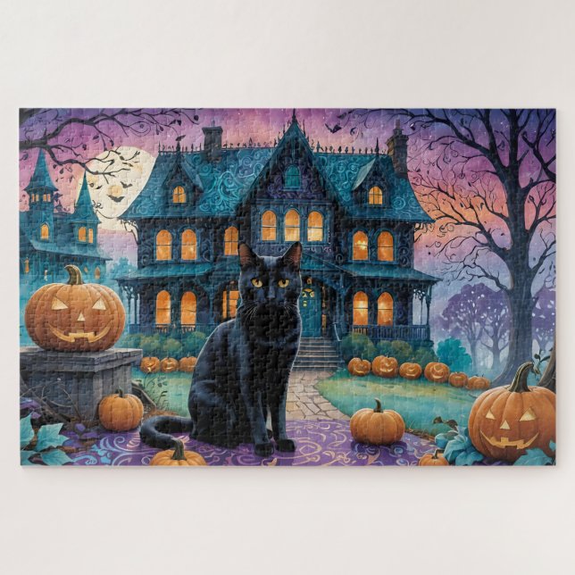 Cool Black Cat, Jack O Lanterns, Spooky House Jigsaw Puzzle (Horizontal)