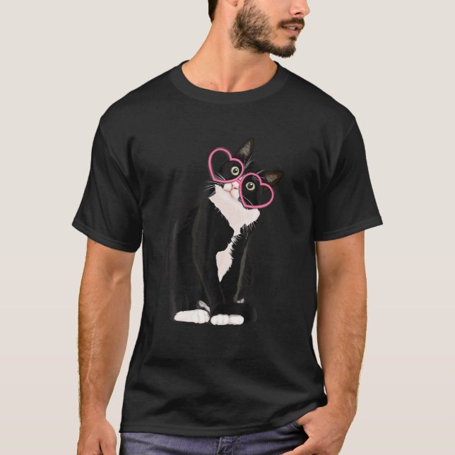 Cool Black Cat Kitten Red Heart Glasses Happy vale T-Shirt (Front)