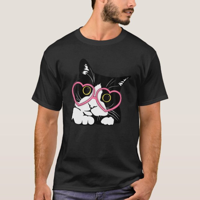 Cool Black Cat Kitten Red Heart Glasses Happy vale T-Shirt (Front)