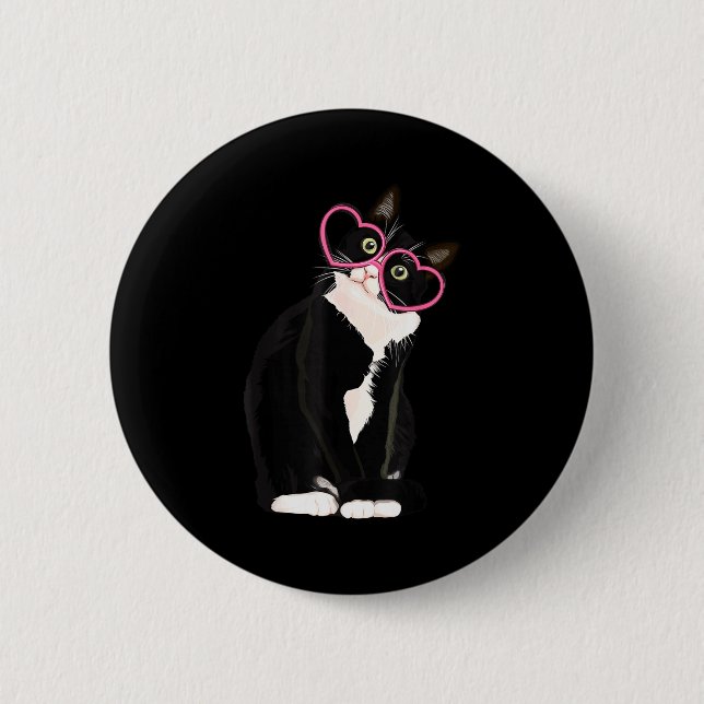 Cool Black Cat Kitten Red Heart Gles Happy Valenti Button (Front)