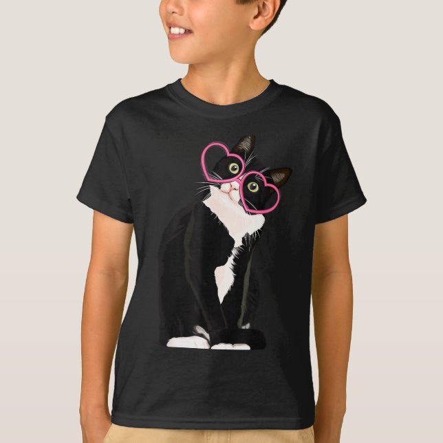 Cool Black Cat Kitten Red Heart Gles Happy Valenti T-Shirt (Front)