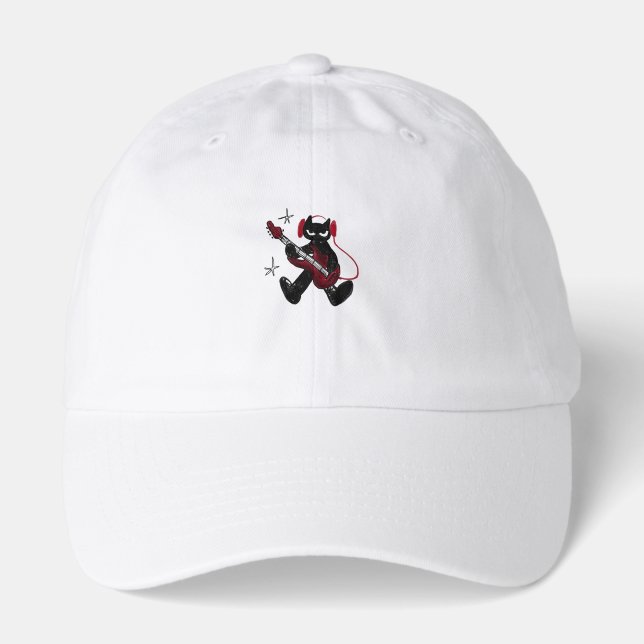 Cool Black Cat Rockstar Playing Electric Guitar  Hat (Front)