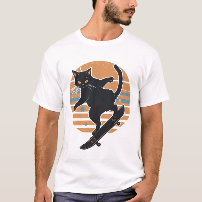 Cool Black Cat Skateboarder Retro 80s Sunset Graph T-Shirt (Front)