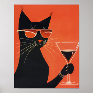 Cool Black Cat with Sunglasses Drinking from a Mug Poster