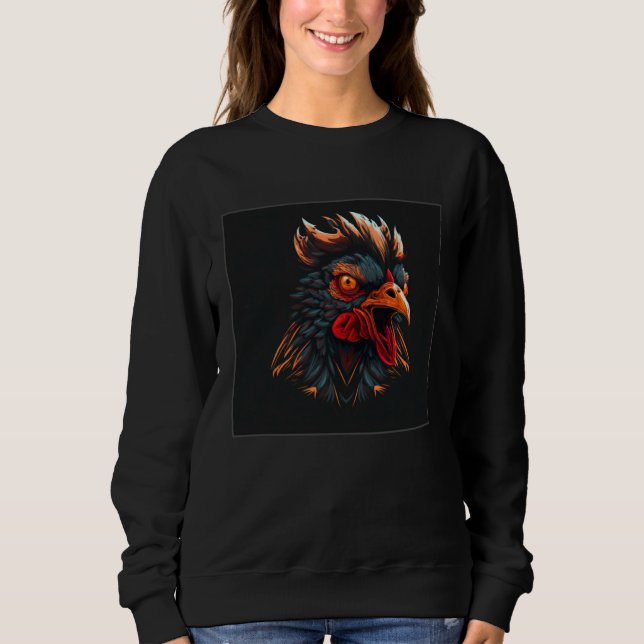 Cool Black Chicken Illustration Rooster Minimal Wo Sweatshirt (Front)