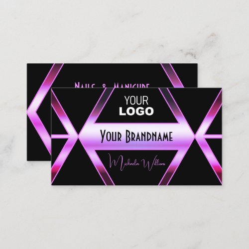 Cool Black Geometric Pink Purple Shimmer with Logo Business Card