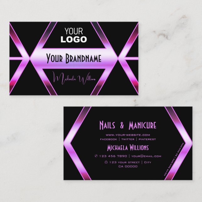 Cool Black Geometric Pink Purple Shimmer with Logo Business Card (Front/Back)