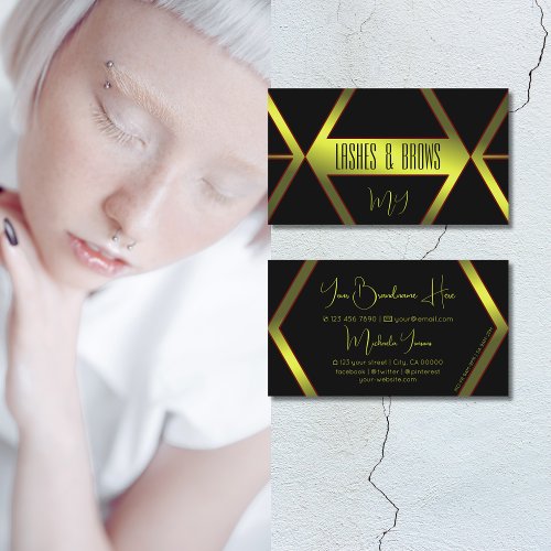 Cool Black Geometric Yellow Shimmer with Monogram Business Card