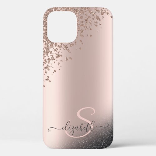 Cool Black Glitter Diamonds Rose Gold Monogram iPhone 12 Case