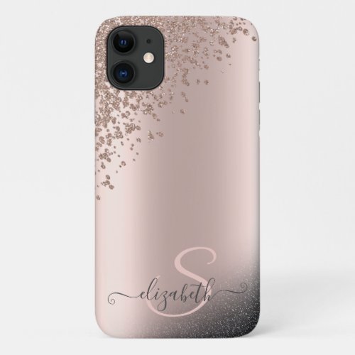 Cool Black Glitter Diamonds Rose Gold Monogram iPhone 11 Case