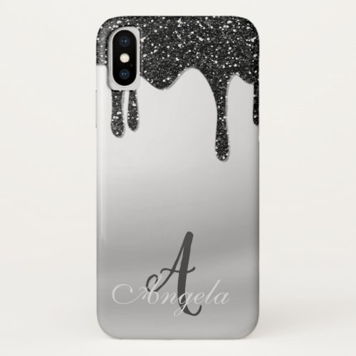 Cool  Black Glitter Drops Monogram_ Personalized iPhone XS Case