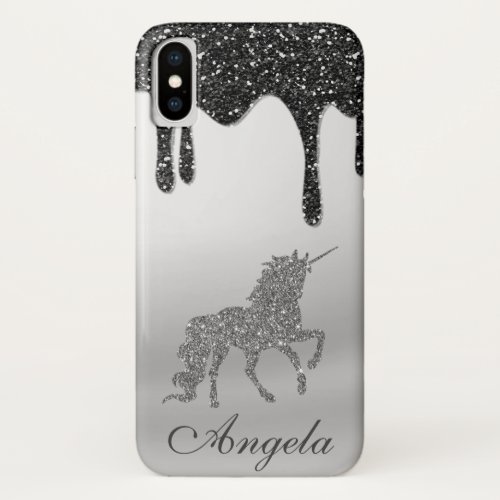 Cool Black Glitter Drops Silver Glitter Unicorn iPhone XS Case