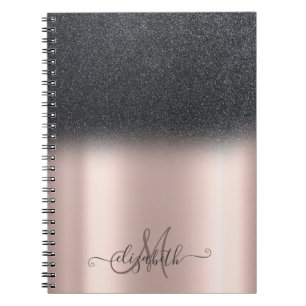 Cool  Black Glitter Ombre Monogram Rose Gold Notebook