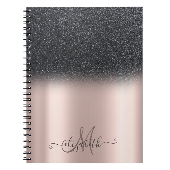 Cool  Black Glitter Ombre Monogram Rose Gold Notebook (Front)