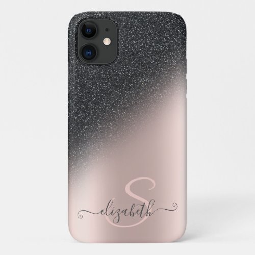 Cool Black Glitter Ombre Rose Gold Monogram iPhone 11 Case