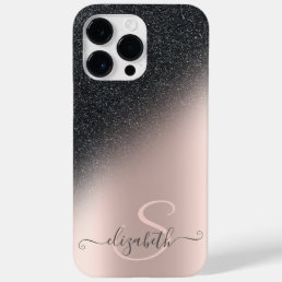 Cool Black Glitter Ombre Rose Gold Monogram  Case-Mate iPhone 14 Pro Max Case