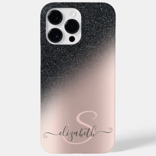 Cool Black Glitter Ombre Rose Gold Monogram  Case_Mate iPhone 14 Pro Max Case