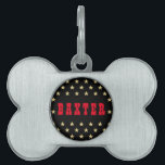 Cool Black Gold Stars Red Dog Cat Puppy Kitty Name Pet ID Tag<br><div class="desc">Create your own custom, personalized, bold christmas red rustic vintage western script / typography custom name at front and back, and retro cool chic stylish geometric trendy faux gold and black stars pattern background, UV resistant and waterproof, burnished silver bone-shaped pet dog cat doggy puppy kitten kitty ID name tag....</div>