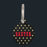 Cool Black Gold Stars Red Dog Puppy Cat Kitty Name Pet ID Tag<br><div class="desc">Create your own custom, personalized, bold christmas red rustic vintage western script / typography custom name at front and back, and retro cool chic stylish geometric trendy faux gold and black stars pattern background, durable, 100% recycled steel, pet dog cat doggy puppy kitten kitty ID name tag. Simply enter your...</div>