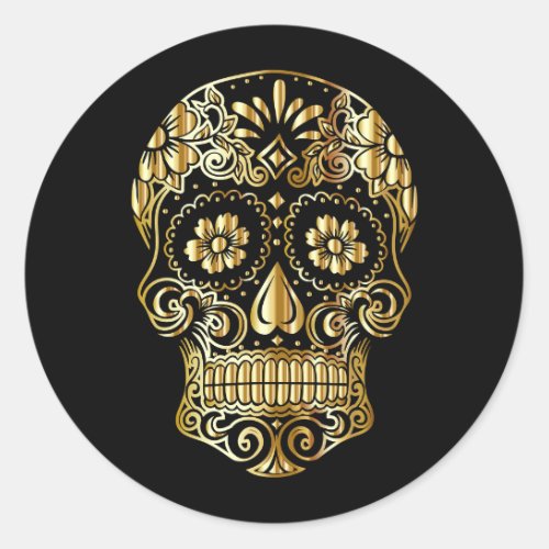Cool Black  Gold Sugar Skull Day of the Dead Classic Round Sticker