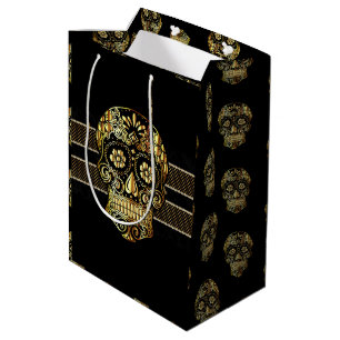 Cool Black & Gold Sugar Skull Day of the Dead Medium Gift Bag