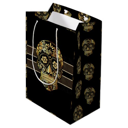 Cool Black  Gold Sugar Skull Day of the Dead Medium Gift Bag