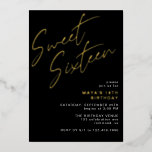 Cool Black & Gold Sweet Sixteen Glam 16th Birthday Foil Invitation<br><div class="desc">Modern and cool 16th birthday invitations with heading "Sweet Sixteen" text in gold foil on a contrasting black background. The reverse side features a pattern of the word "sixteen" in coordinating script. The reverse side pattern,  as well as the background color,  can be changed by using the design tool.</div>