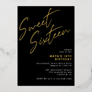 Cool Black & Gold Sweet Sixteen Glam 16th Birthday Foil Invitation