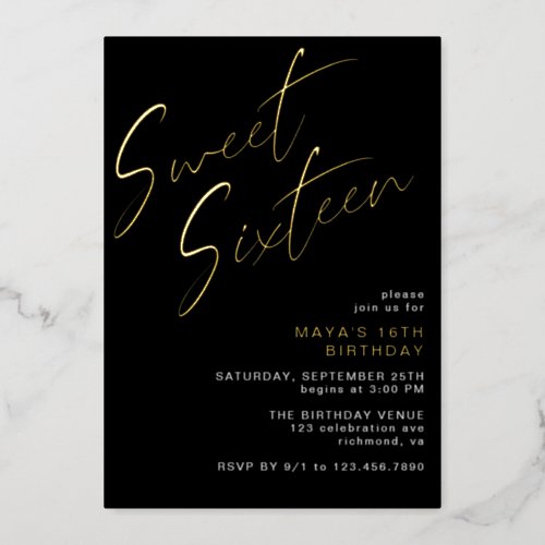 Cool Black  Gold Sweet Sixteen Glam 16th Birthday Foil Invitation