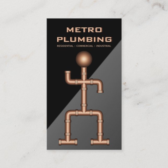 Cool Black Gray Copper Steel Pipe Plumber Plumbing Business Card (Front)