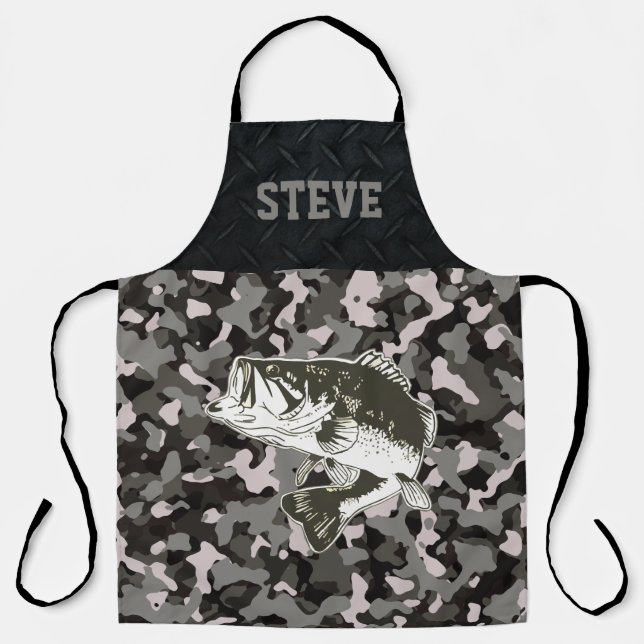Cool Black Grey Camo Name Bass Fishing Men's  Apron (Front)