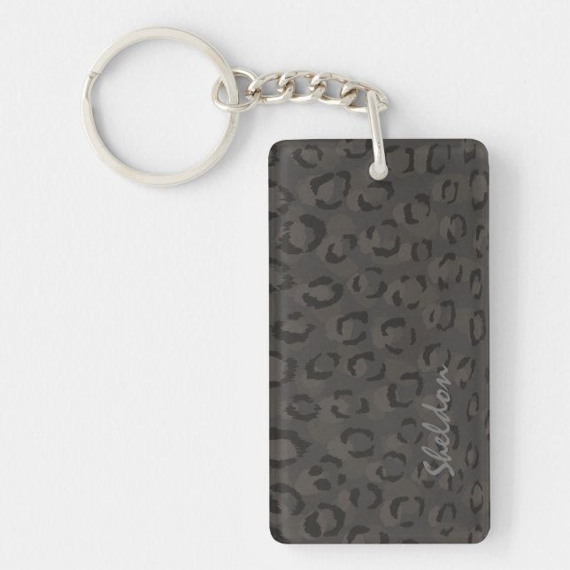 Cool black grey cheetah print monogram keychain (Front)