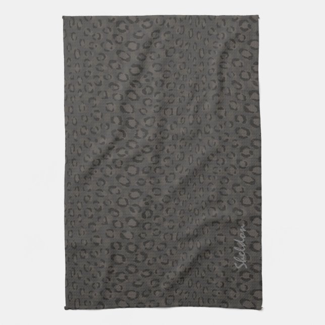 Cool black grey cheetah print monogram towel (Vertical)