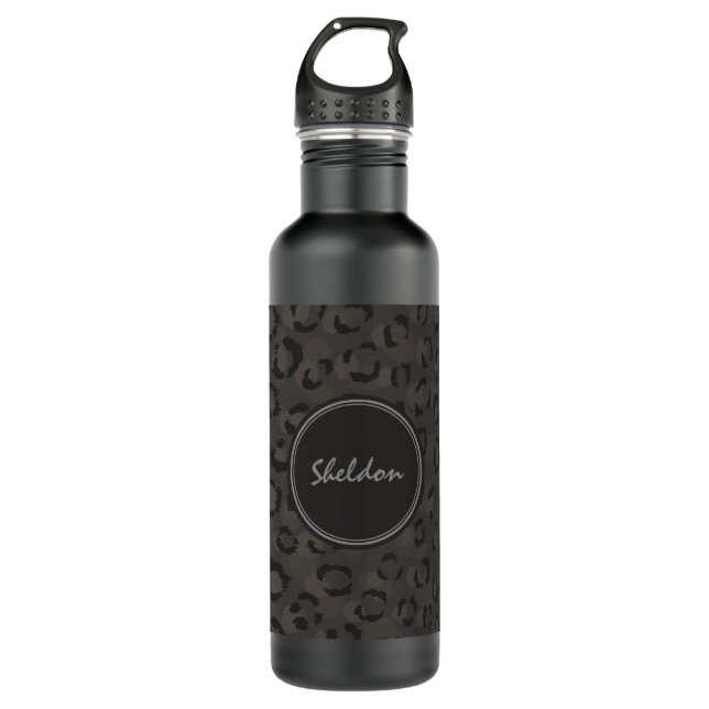 Cool black grey cheetah print monogram water bottle (Front)