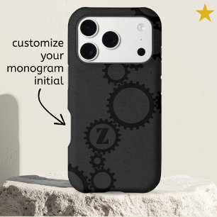 Cool Black Grunge Cogs & Gears Monogrammed Initial iPhone 17 Pro Case