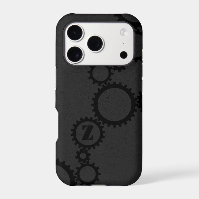 Cool Black Grunge Cogs & Gears Monogrammed Initial Iphone Case (Back)