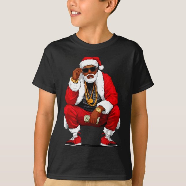 Cool Black Man Santa Claus Christmas African Ameri T-Shirt (Front)