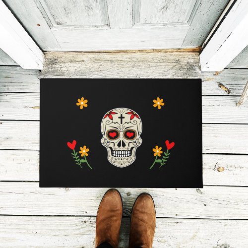 Cool Black Muertos Sugar Skull with Flowers Doormat