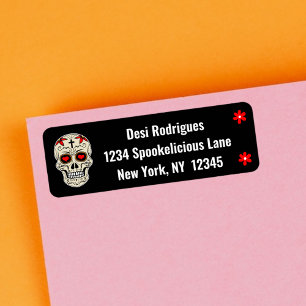 Cool Black Muertos Sugar Skull with Flowers Label