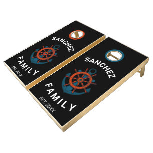 Cool Black Nautical Themed Blue Anchor Family Cor Cornhole Set