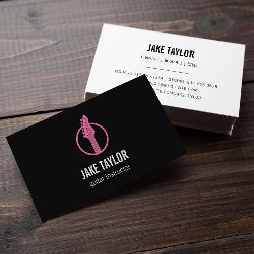 Cool Black  Pink Guitar Instructor Business Card