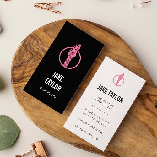 Cool Black  Pink Guitar Lessons Vertical Business Card
