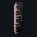 Cool Black Pink Rose Gold Glitter Sparkle Drips Skateboard<br><div class="desc">Girly Cool Pink Rose Gold Glitter Sparkle Drips Skateboard with faux glitter drips and your personalized name on a chic black background. Easy to customize and perfect for your glitter aesthetic.</div>