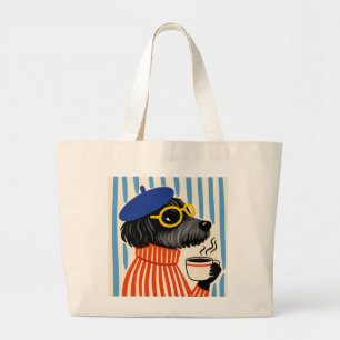 Cool Black Poodle Dog Drinking Coffee with Beret Large Tote Bag