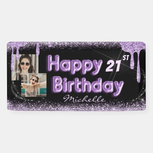 Cool Black  Purple Glitter Any Birthday 21st Banner
